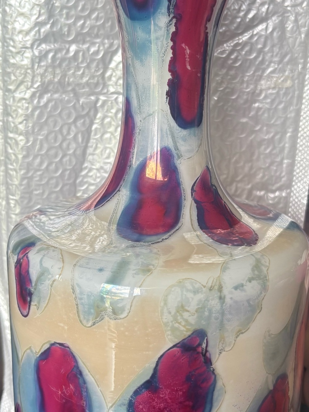 Murano Handblown Art Glass Vase with Berry & Aqua Accents